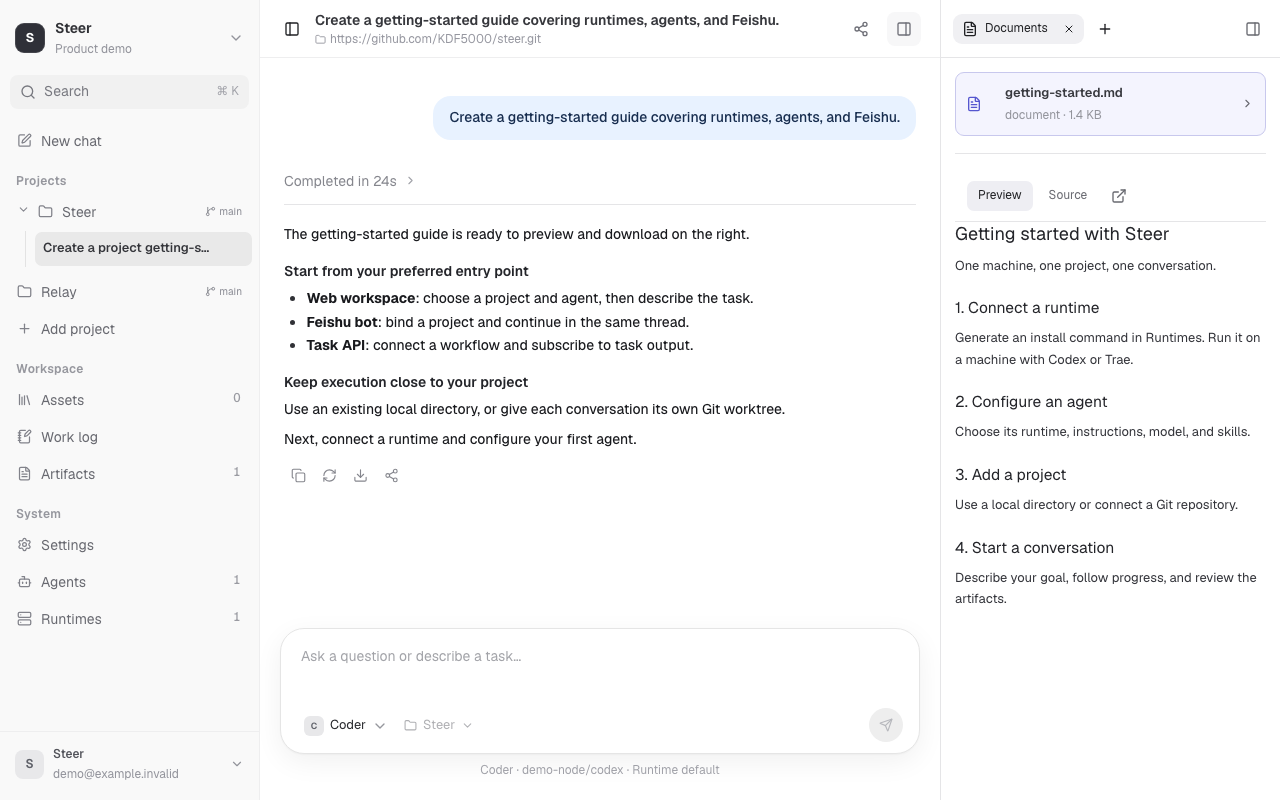 The real Steer interface with an example project conversation and a generated getting-started guide in the document preview panel