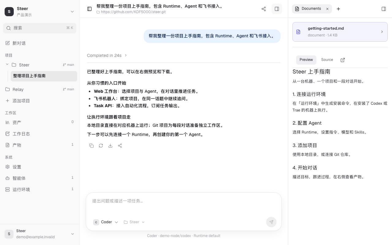 真实 Steer 工作台：左侧管理项目，中间展示示例任务对话，右侧预览生成的上手指南